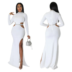 Cutout Waist High Side Split Long Sleeve Dress