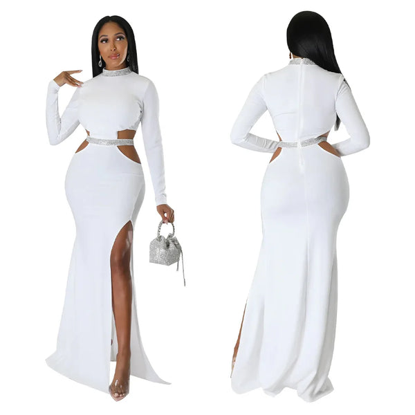 Cutout Waist High Side Split Long Sleeve Dress