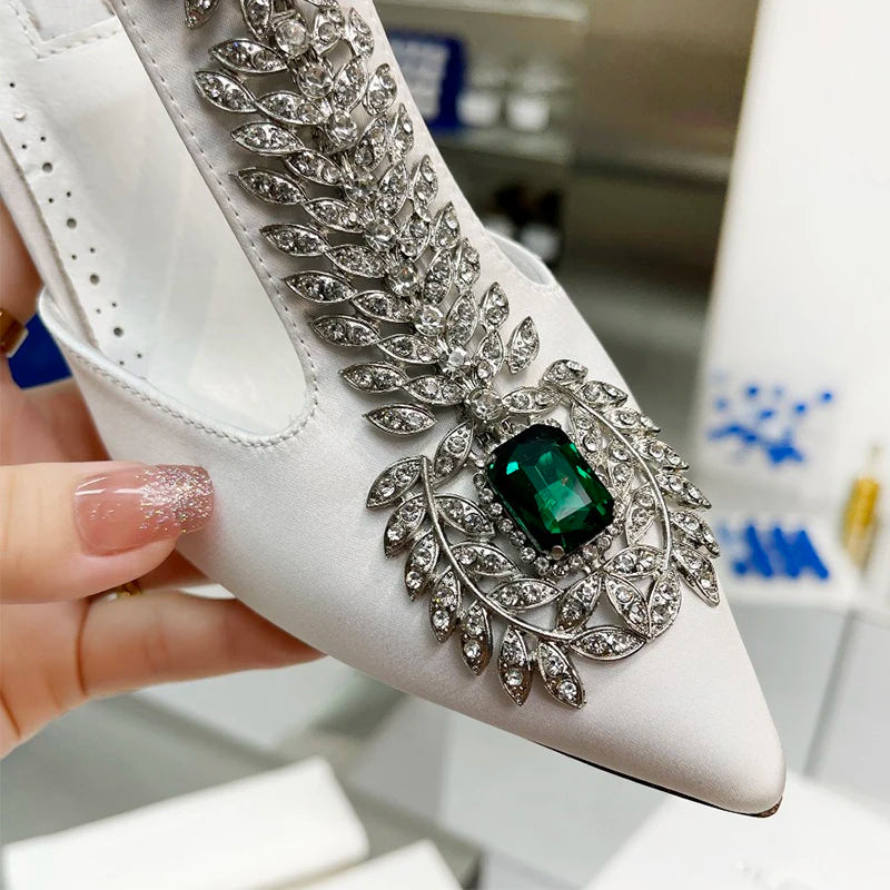 Rhinestone Pointed Toe High Heels Satin