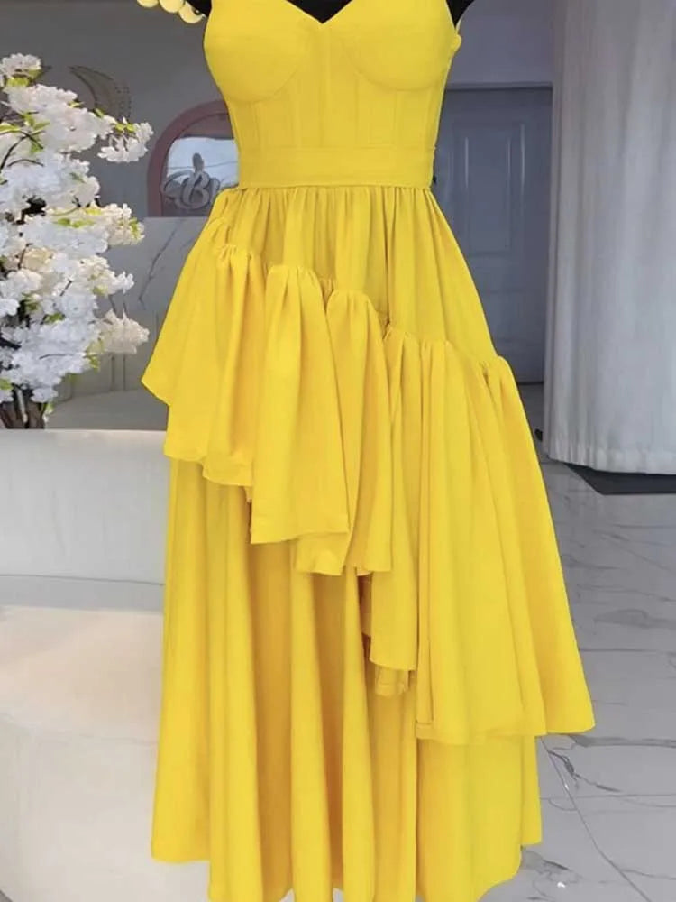 Elegant Long Bow Spaghetti Strap Light Yellow Dress