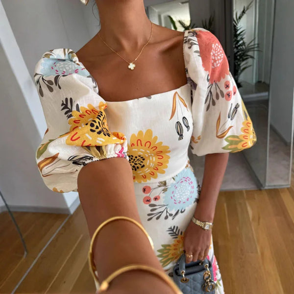 Elegant Square Neck Puff Sleeve Floral Print Pleated A-Line Long Dress