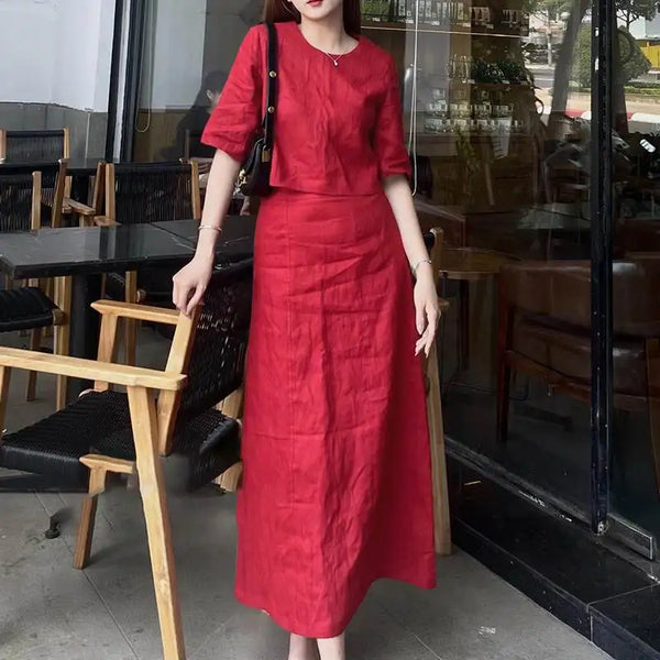 Casual Short Sleeve Crop Tops Suit Long Skirts