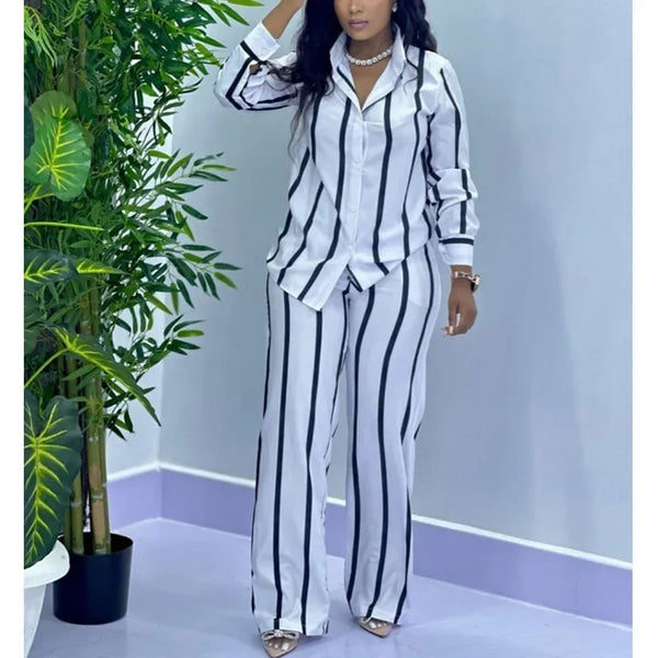Stripe Long Sleeved Shirt Wide Leg Pants Two Piece