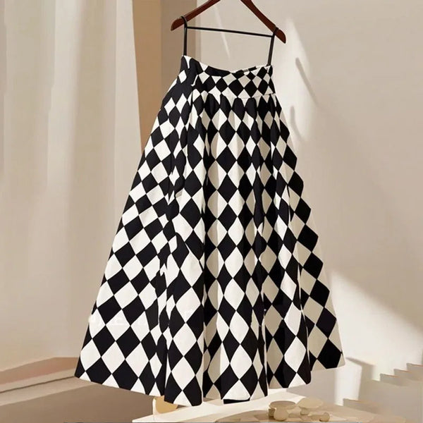 Umbrella Skirt High Waist Slim Black and White Diamond Dress
