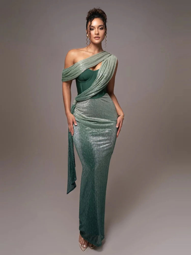 One Shoulder Draped Glitter Corset Sparkly Backless Bodycon Dress