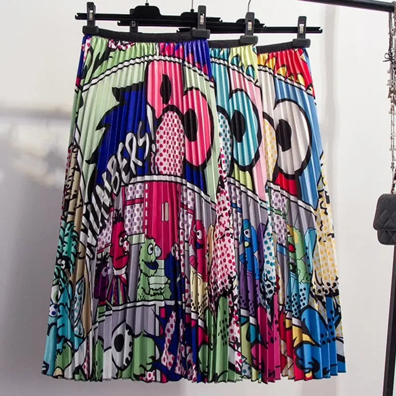Cartoon Print Pleated Long High Waist A-Line Elastic Blue Pink Skirt