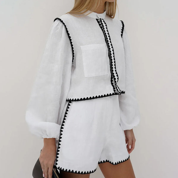 Elegant Round Neck Long Sleeved & High Waist Shorts