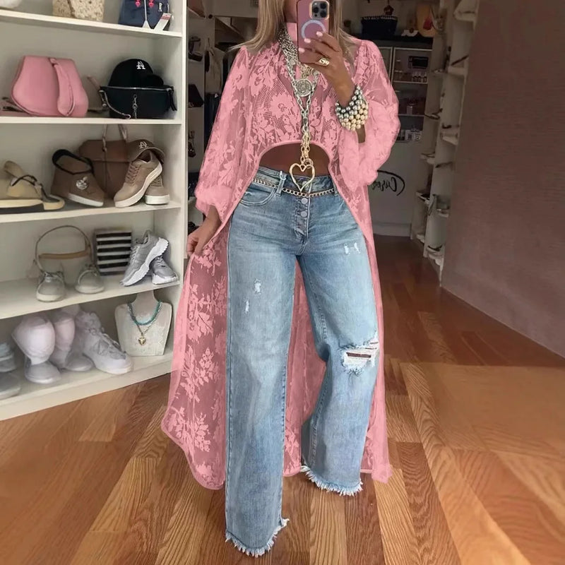 Shirt Top With High Neck Puff Sleeve Through Hollow-Out Front Short After Long Top Blouse