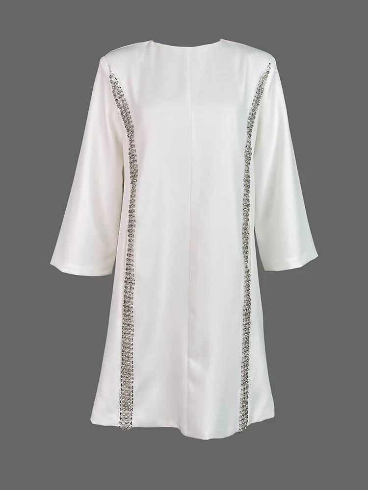 Sequined Mini Dress Loose Zipper Pocket Round-neck White