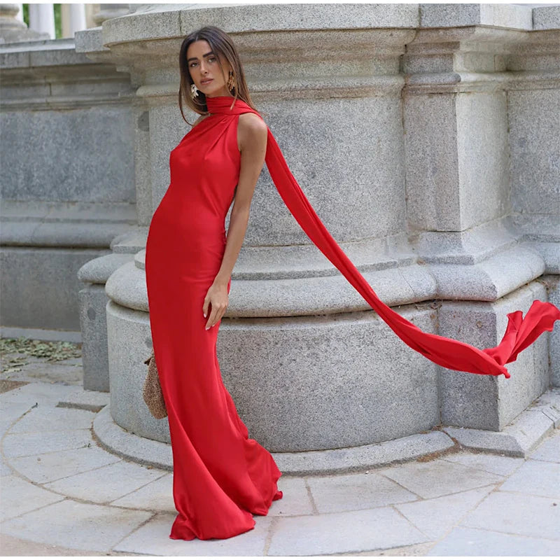 Elegant Solid Ribbon Off Shoulder Sleeveless Backless Slim Dress