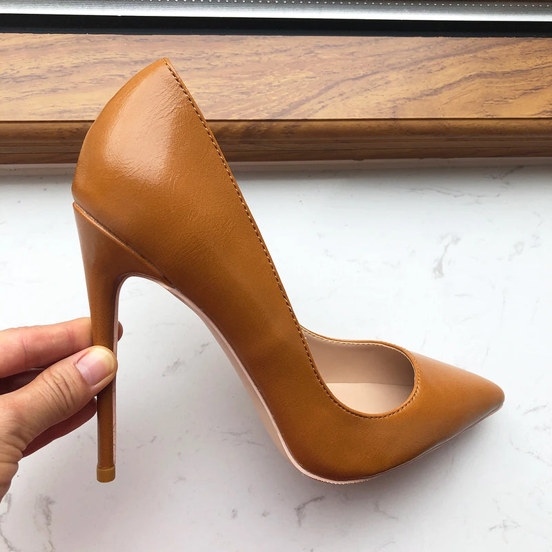 Tikicup Solid Khaki Brown Matte Pointed High Heels