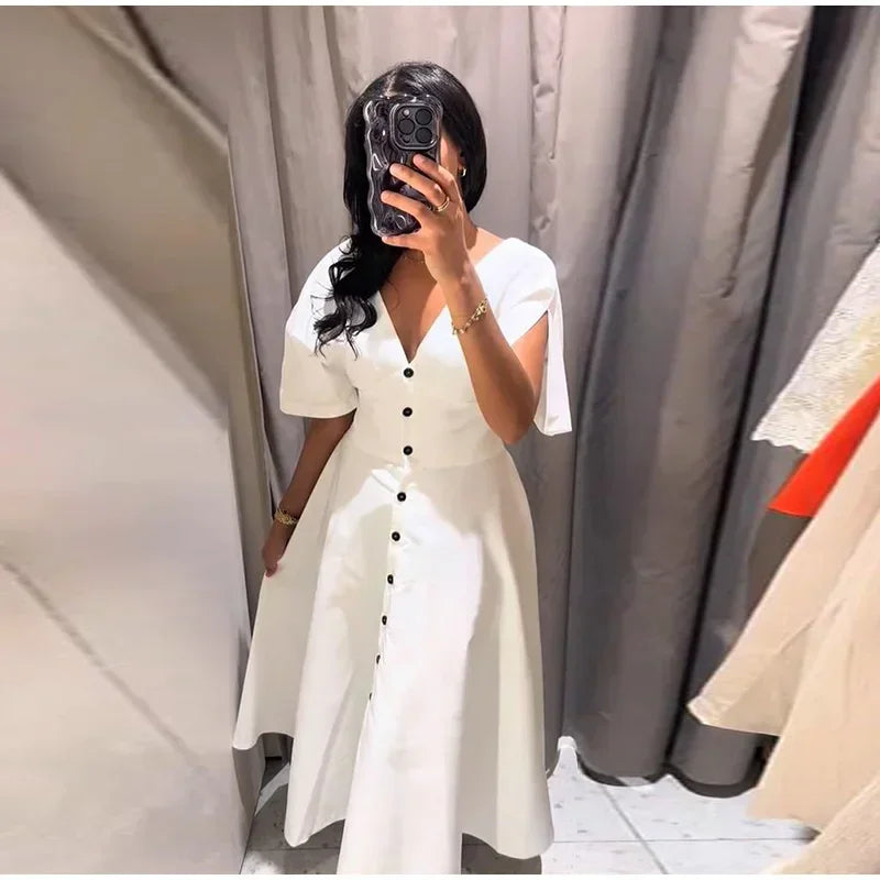 Elegant Breasted Long V-Neck Short Sleeve A-line Dress