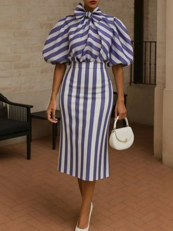 Striped High Waist Long Skirt Puff Sleeves Bow Puff Sleeves Shirts