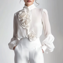 Elegant Long Sleeve 3D Rose Flower Chic White Blouse Tops