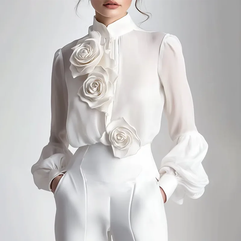 Elegant Long Sleeve 3D Rose Flower Chic White Blouse Tops