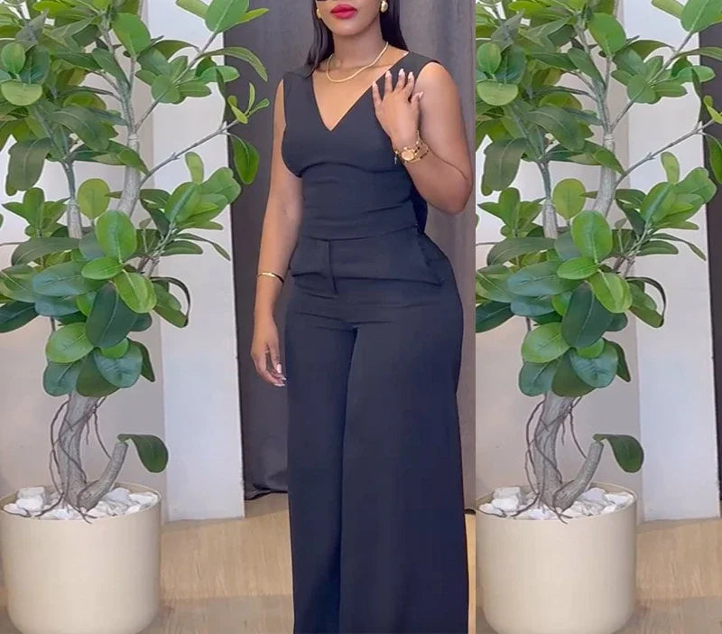 V-Neck Backless Bow Tops & High Waist Casual Pocket Wide Leg Pants