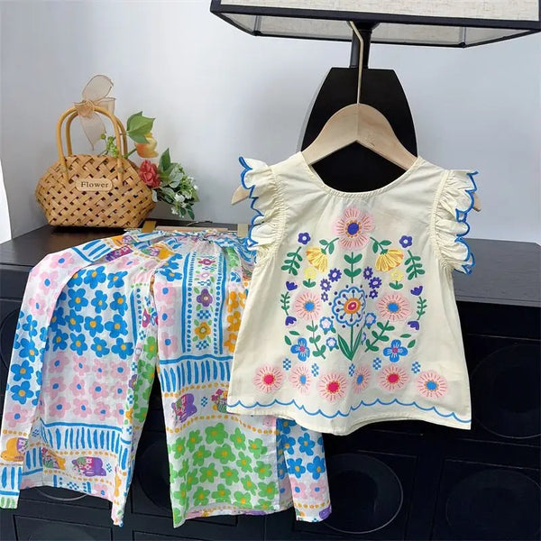Bohemian Style Floral Sleeveless Top + Wide-leg Pants