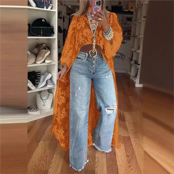 Shirt Top With High Neck Puff Sleeve Through Hollow-Out Front Short After Long Top Blouse