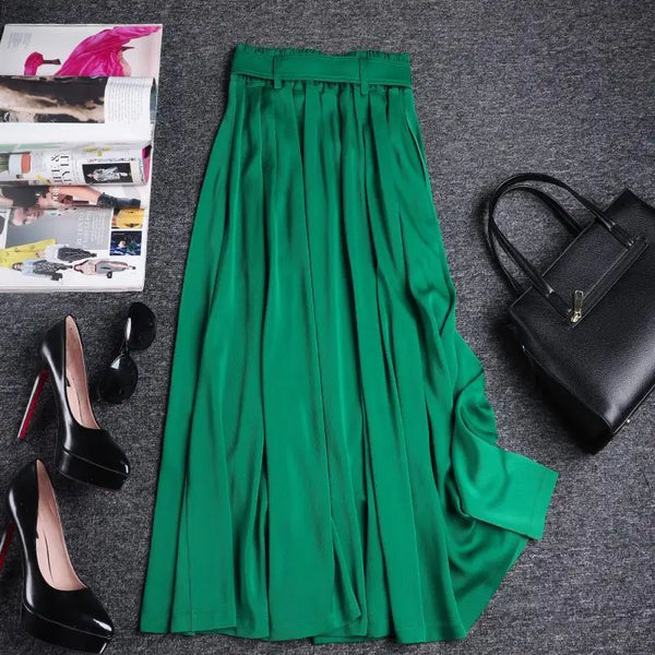 Lady Long Green Belt High-waisted Loose A-Line Skirt