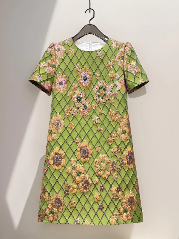 Luxury Beaded Embroidery Short Sleeve Gold Foil A-Line Dress