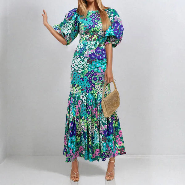 Elegant Blue Flower Lantern Sleeve And Ankle Fishtail Dress
