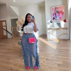 Ripped Hollow Out Tassel Pencil Maxi Long Denim Skirt