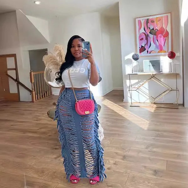 Ripped Hollow Out Tassel Pencil Maxi Long Denim Skirt