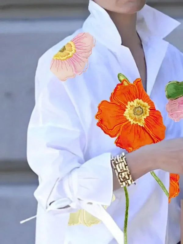 Floral Printed Lapel Long Flared Sleeves Buttoned Shirts Tops