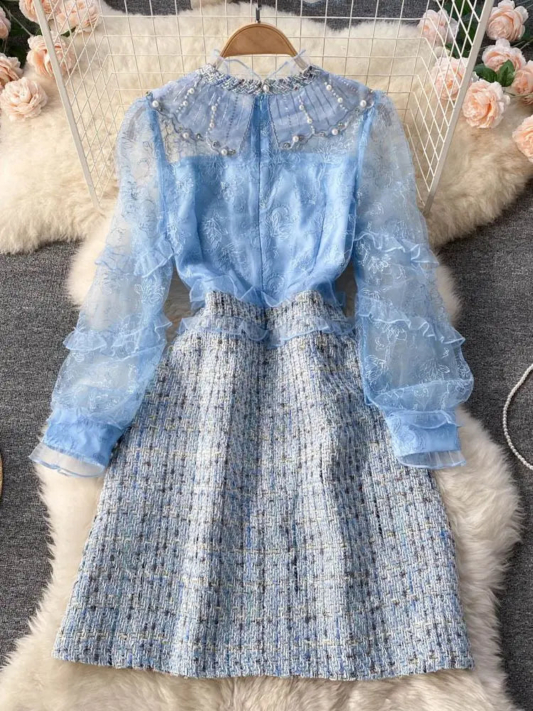 Woolen Tweed Plaid Ruffle French Pearls Dress
