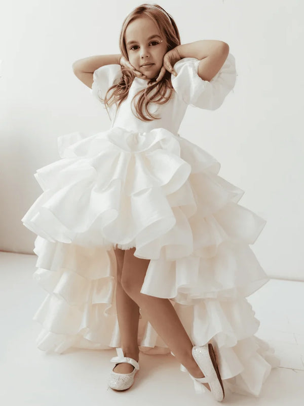 Flower Beige Tiered With Bow And Tailing Short Sleeve Dress