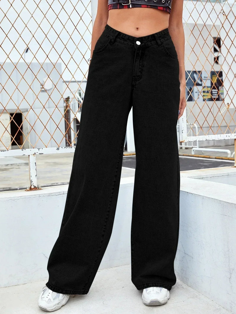 Straight Elegant Splice Button High Waist Trousers