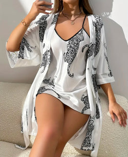V-neck long suspender nightgown two-piece