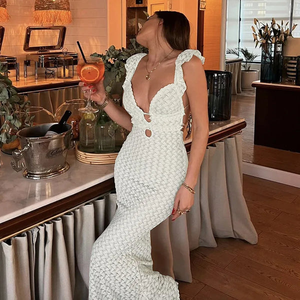 Autumn Elegant V-neck backless lace up hollow slim fit dress