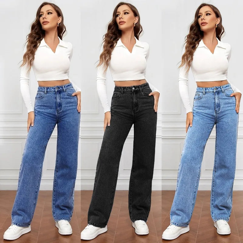 Washed High-waisted Casual Wide-leg Pants Denim