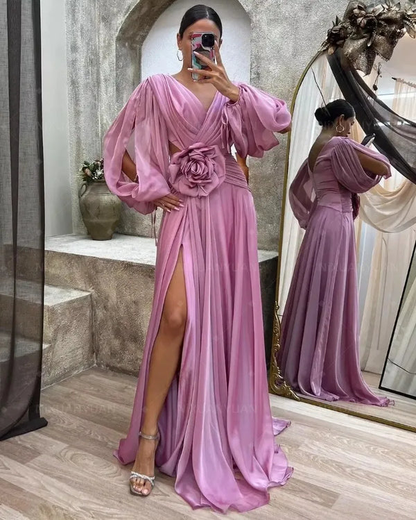 Charming Chiffon V Neck Flower A Line Long Dress