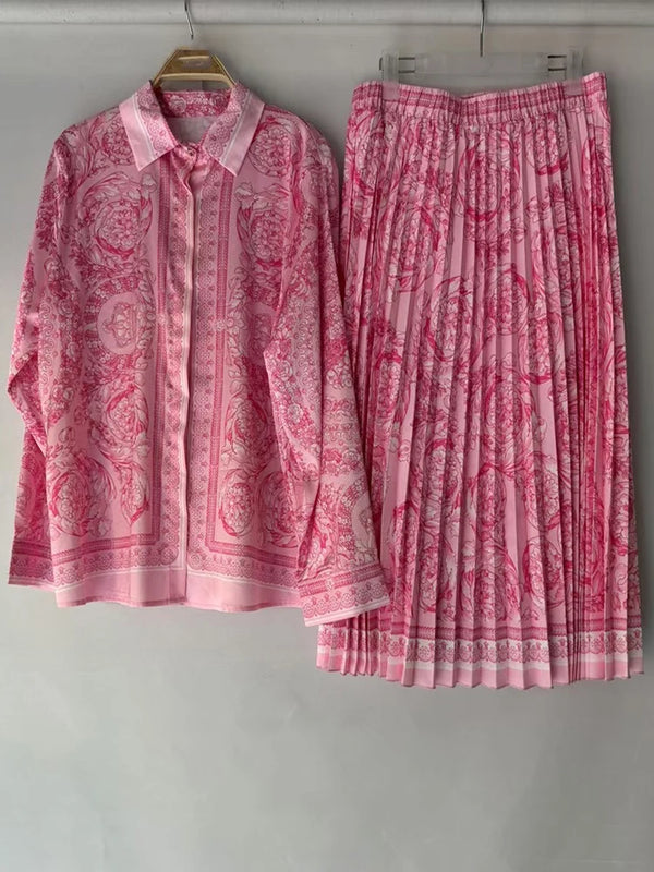Retro lapel long sleeve geometric print shirt elastic waist big swing skirt