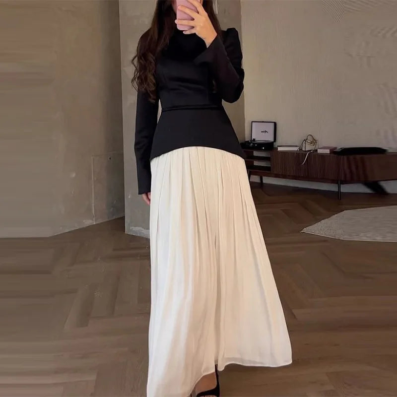 Elegant Long Sleeve Top and Pleated Long Skirts Suits