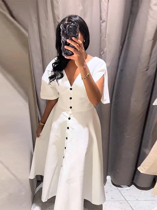Elegant Breasted Long V-Neck Short Sleeve A-line Dress