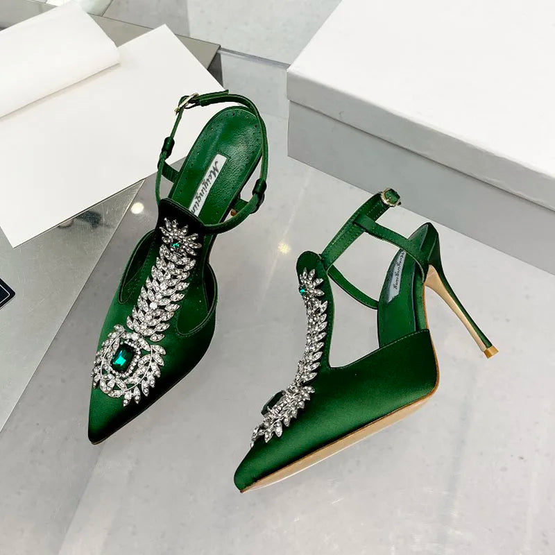 Rhinestone Pointed Toe High Heels Satin