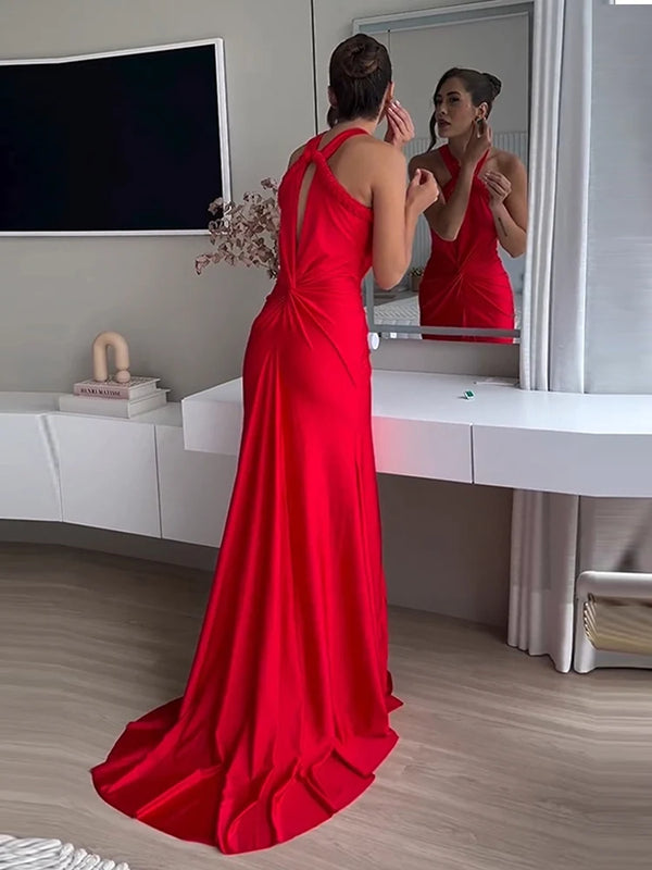 Asymmetrical Straps Maxi Red Sleeveless Backless Dress