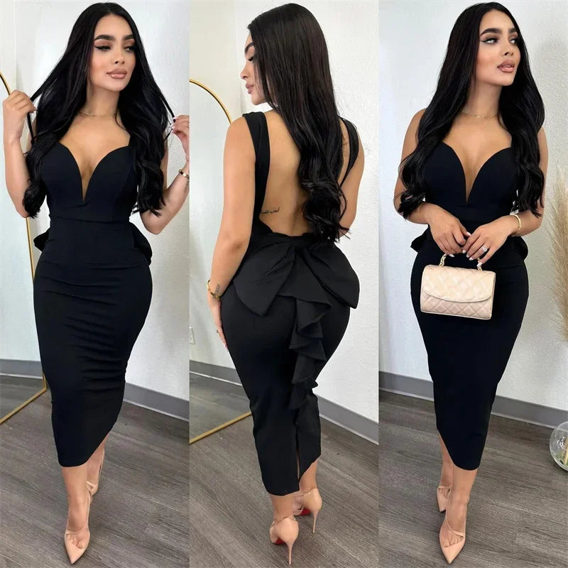 Plunging V-neck Backless Bowknot Ruffles Bodycon Dress