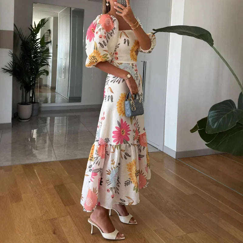 Elegant Square Neck Puff Sleeve Floral Print Pleated A-Line Long Dress