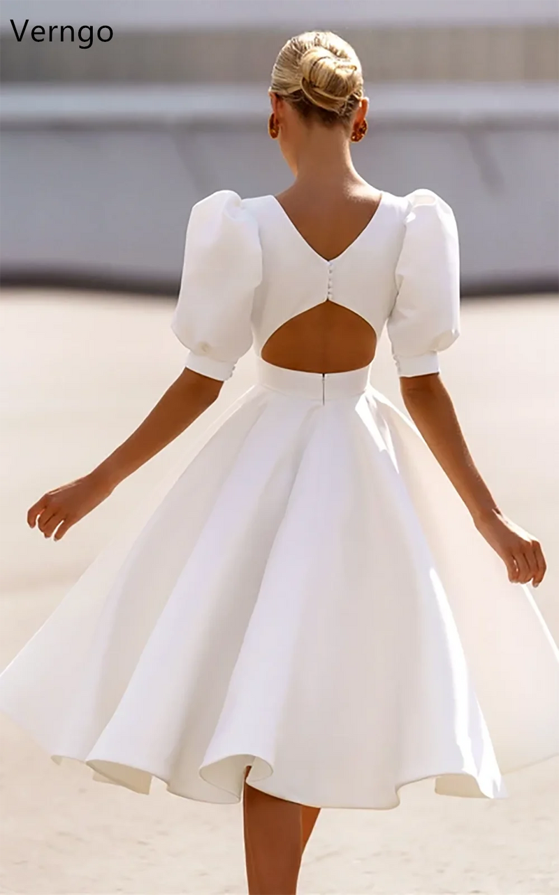 Satin Puff Short Sleeves Backless Dress