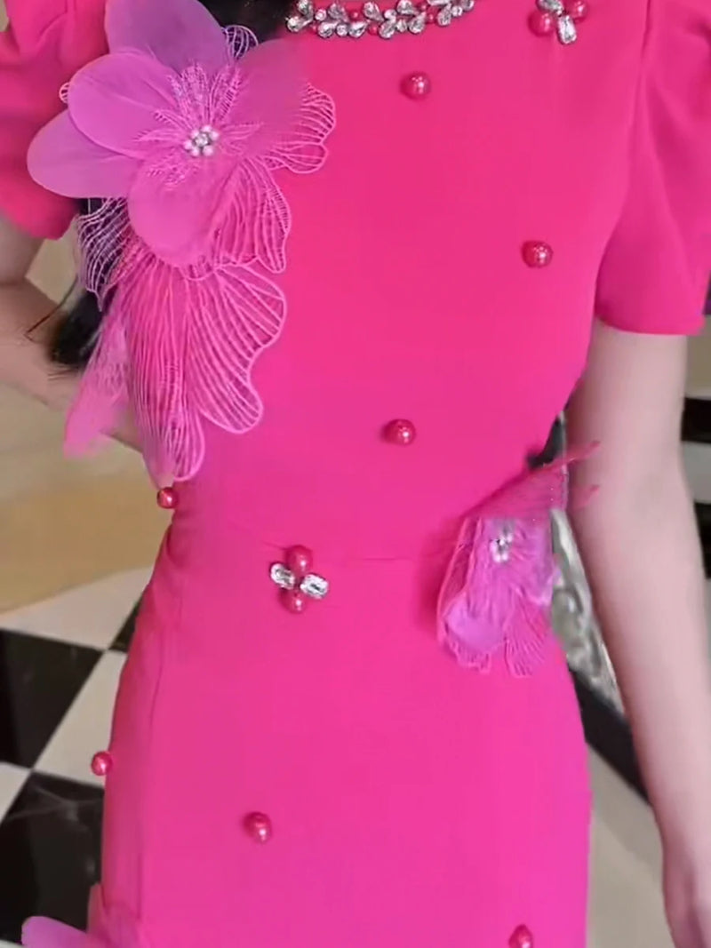 Spliced 3D Flower Round Neck Short Sleeves Patchwork Dress