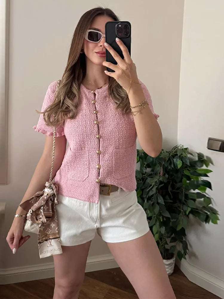 Elegant Ruffle Sleeve O Neck Wave Cut Chic