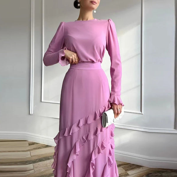 Elegant Summer New Pure Set Sexy O-neck Long Sleeve Tops Ruffles