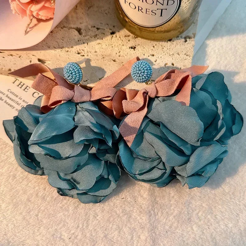 Charm Crystal Cubic Zircon Fabric Flower Big Earrings