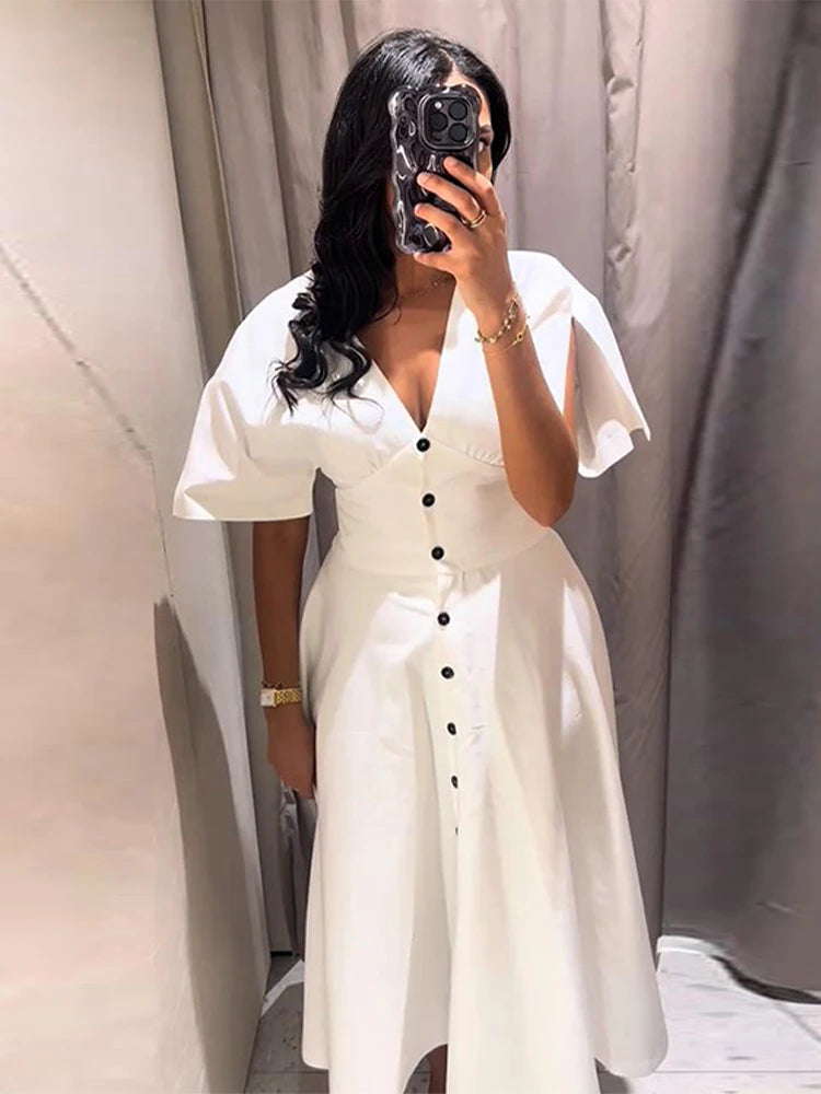 Elegant Breasted Long V-Neck Short Sleeve A-line Dress