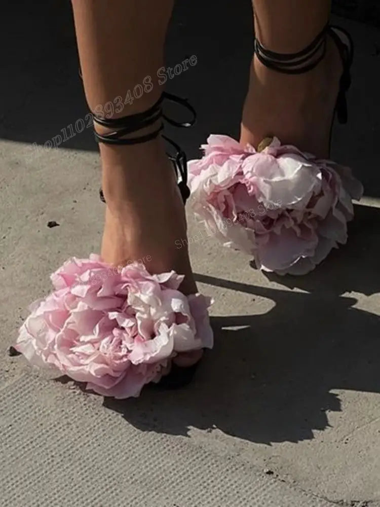 Black Big Rose Flower Sandals Lace-up High Heel