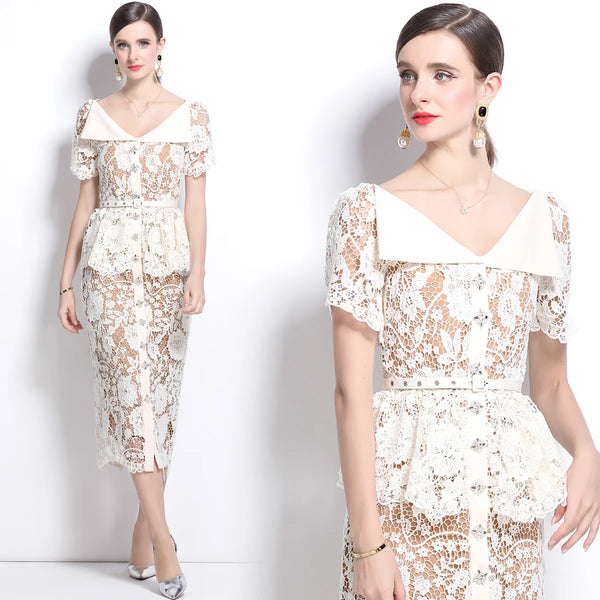 Elegant Hollow Out Flower Embroidery Lace Dress